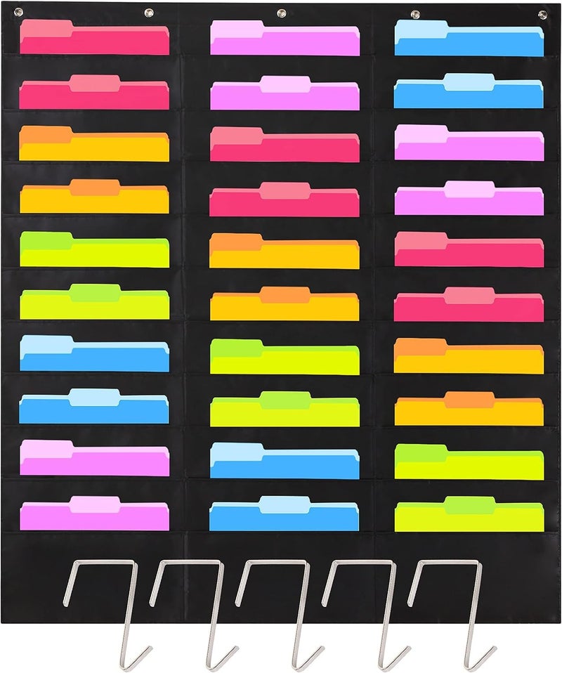 Hippo Creation Heavy Duty Storage Pocket Chart for Classroom, 30 Pocket Storage Organizer with 5 Over-Door Hangers, Hanging Wall Organizer for File Folders, School Mailbox, Home Office Papers - Black - Image 1